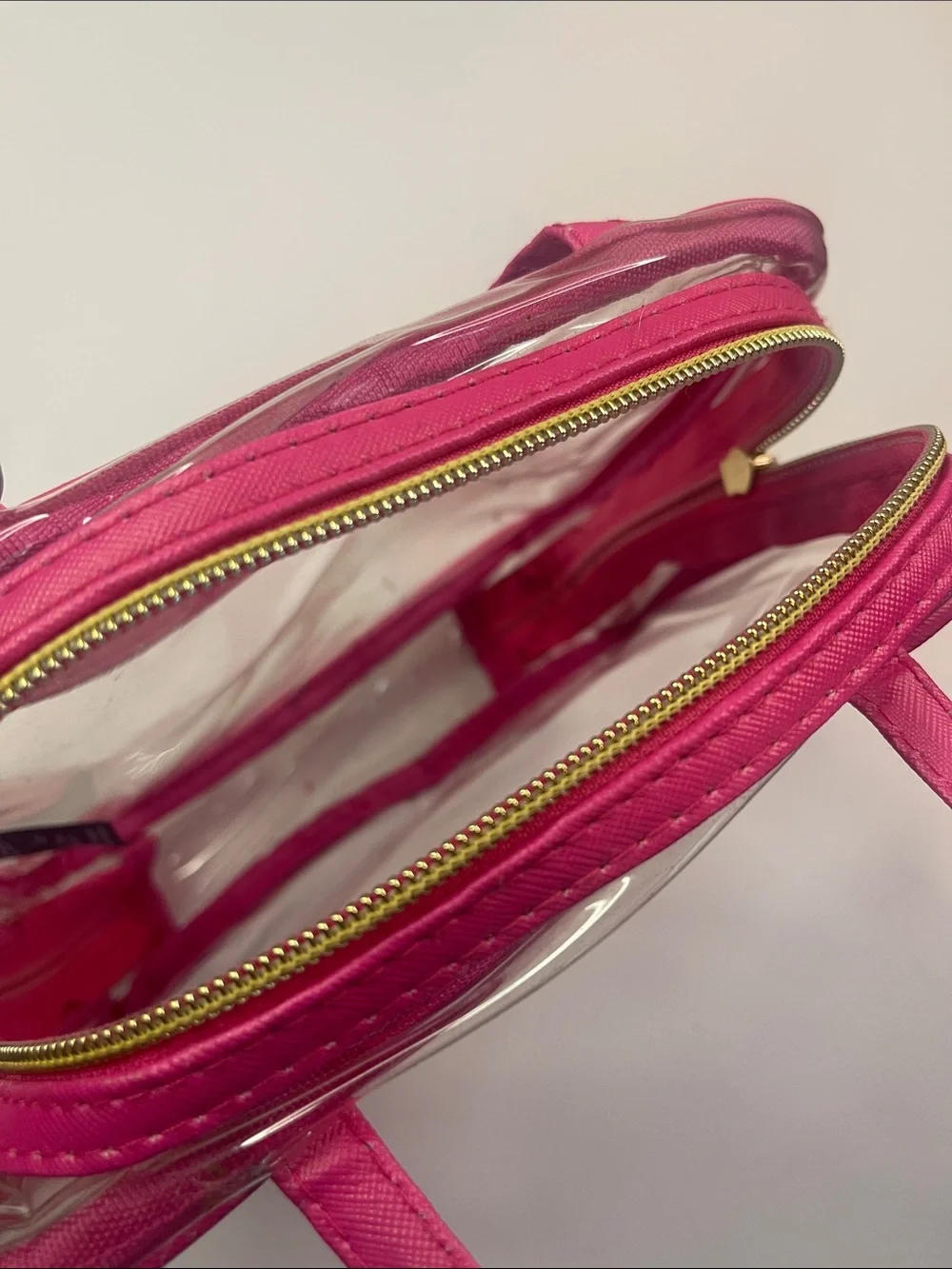 bebe Hot Pink Clear Cosmetic Tote with Gold Logo Plaque